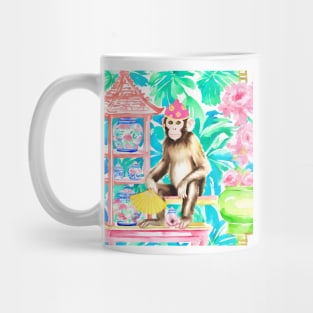 Preppy monkey with yellow fan in chinoiserie interior Mug